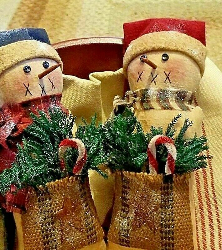 Primitive Handcrafted Snowman Stump Doll 9" Shelf Sitter Princess Pine - The Primitive Pineapple Collection