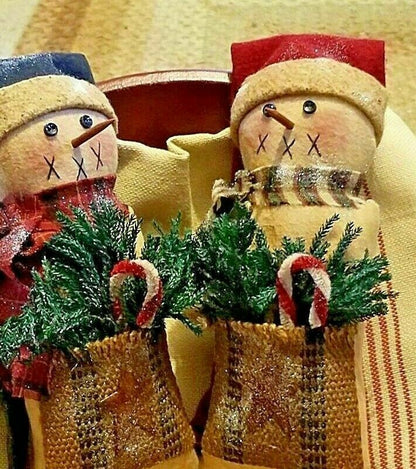 Primitive Handcrafted Snowman Stump Doll 9" Shelf Sitter Princess Pine - The Primitive Pineapple Collection