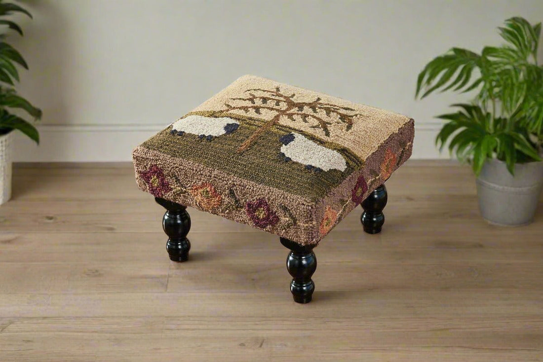 Primitive/Colonial Willow &amp; Sheep Hooked Foot Stool - The Primitive Pineapple Collection
