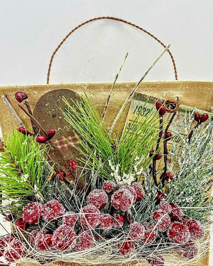 Primitive Christmas Handmade Hanging Gingerbread Man Pocket Greens Berries 8”x7" - The Primitive Pineapple Collection