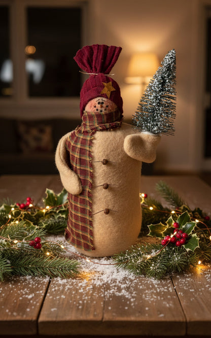 Primitive/Country Handcrafted Sammy The Snowman W/Bottle Brush Tree 8.75" - The Primitive Pineapple Collection