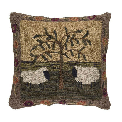 Primitive/Country Folk art Hooked 18" Pillow Willow &amp; Sheep w/insert - The Primitive Pineapple Collection