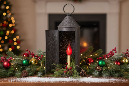 Primitive/Country 22-Inch Chimney Lantern Rustic Punched Tin Black - The Primitive Pineapple Collection