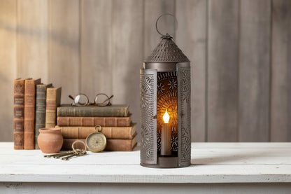 Primitive/Country 22-Inch Chimney Lantern Rustic Punched Tin Black - The Primitive Pineapple Collection
