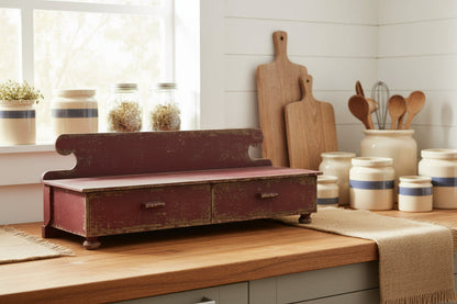 Primitive Aged Red Counter Shelf Vintage Look Farmhouse Rustic Drawers Footed - The Primitive Pineapple Collection