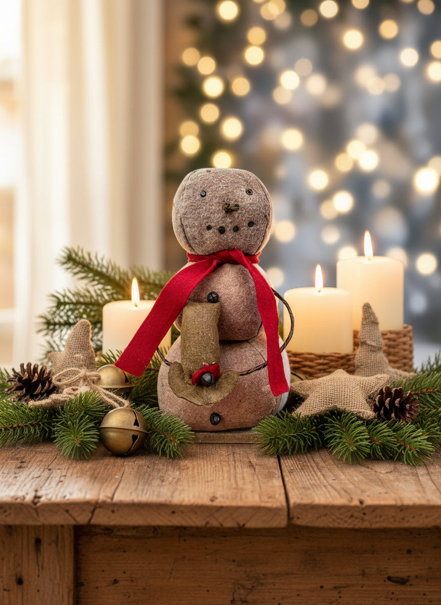 Primitive Farmhouse Christmas Rustic 11” Herbery Snowman wire arms Top Hat - The Primitive Pineapple Collection