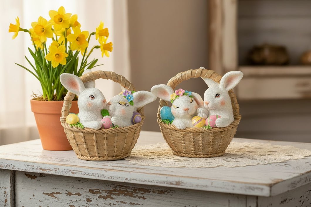 Farmhouse Easter Egg Basket Bunbun Couple Figurine 2 Designs - The Primitive Pineapple Collection