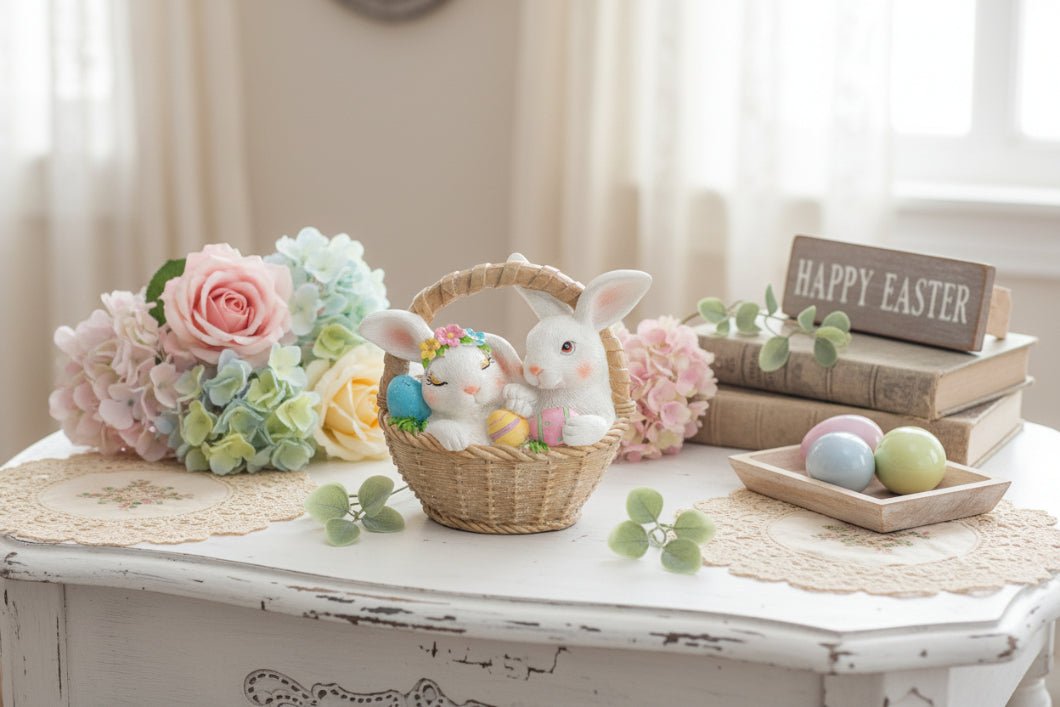 Farmhouse Easter Egg Basket Bunbun Couple Figurine 2 Designs - The Primitive Pineapple Collection