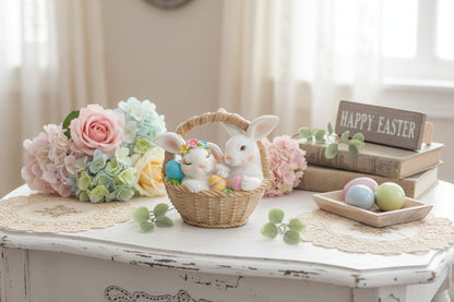 Farmhouse Easter Egg Basket Bunbun Couple Figurine 2 Designs - The Primitive Pineapple Collection
