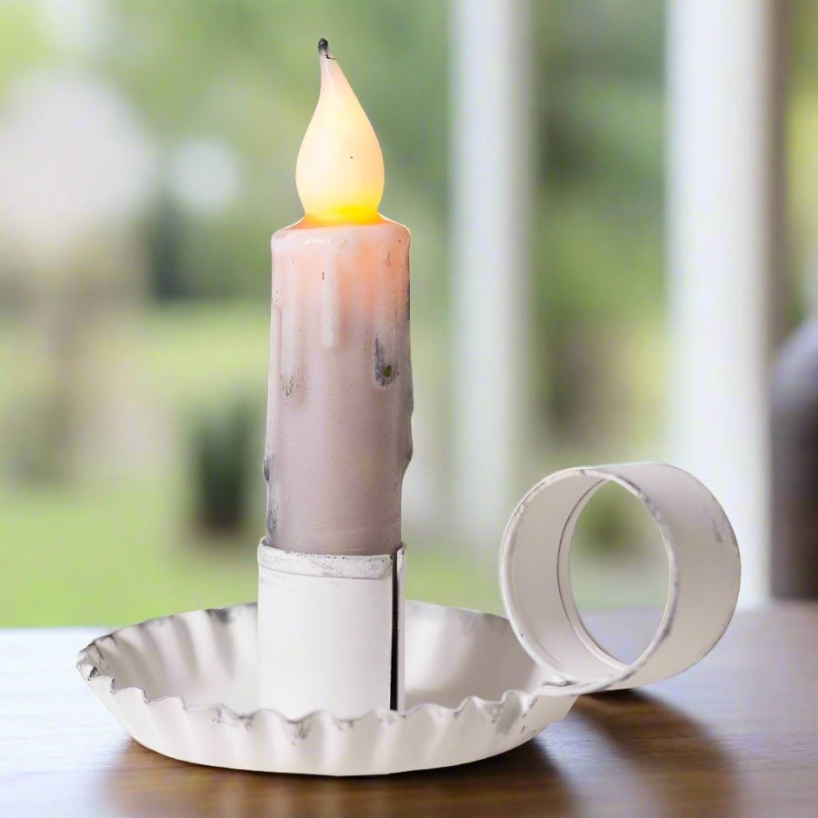 Primitive Colonial Chamberstick Taper Candle Holder Rustic White - The Primitive Pineapple Collection