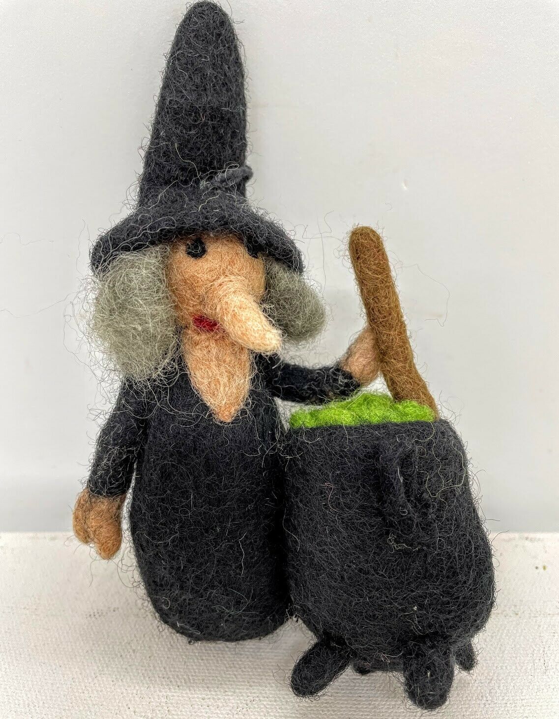 Primitive Folk Art Handmade Felted Wool Witch w/ Cauldron Halloween Ornaments - The Primitive Pineapple Collection