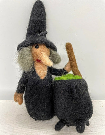 Primitive Folk Art Handmade Felted Wool Witch w/ Cauldron Halloween Ornaments - The Primitive Pineapple Collection
