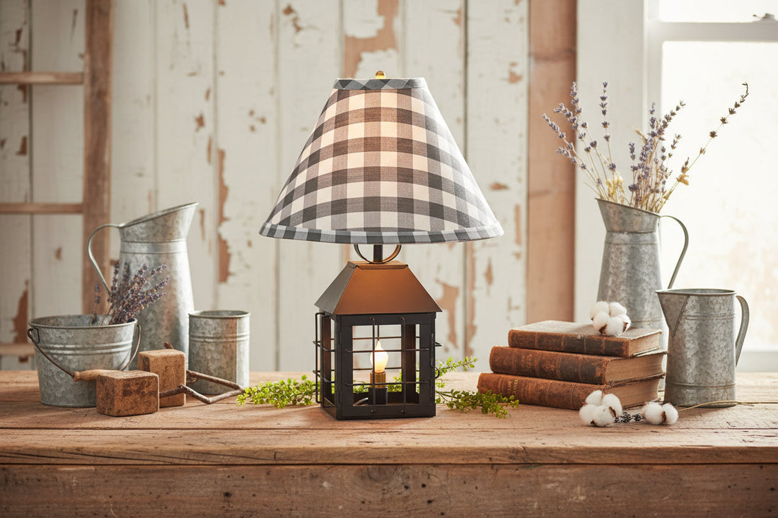 Primitive Country Tin Colonial Lantern Lamp w/ Gray Check Shade - The Primitive Pineapple Collection