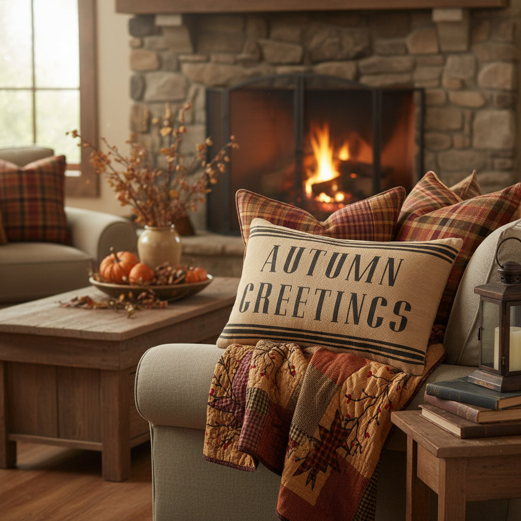 Primitive Farmhouse 14"x22" Autumn Greetings Pillow Tan Stenciled Fall - The Primitive Pineapple Collection