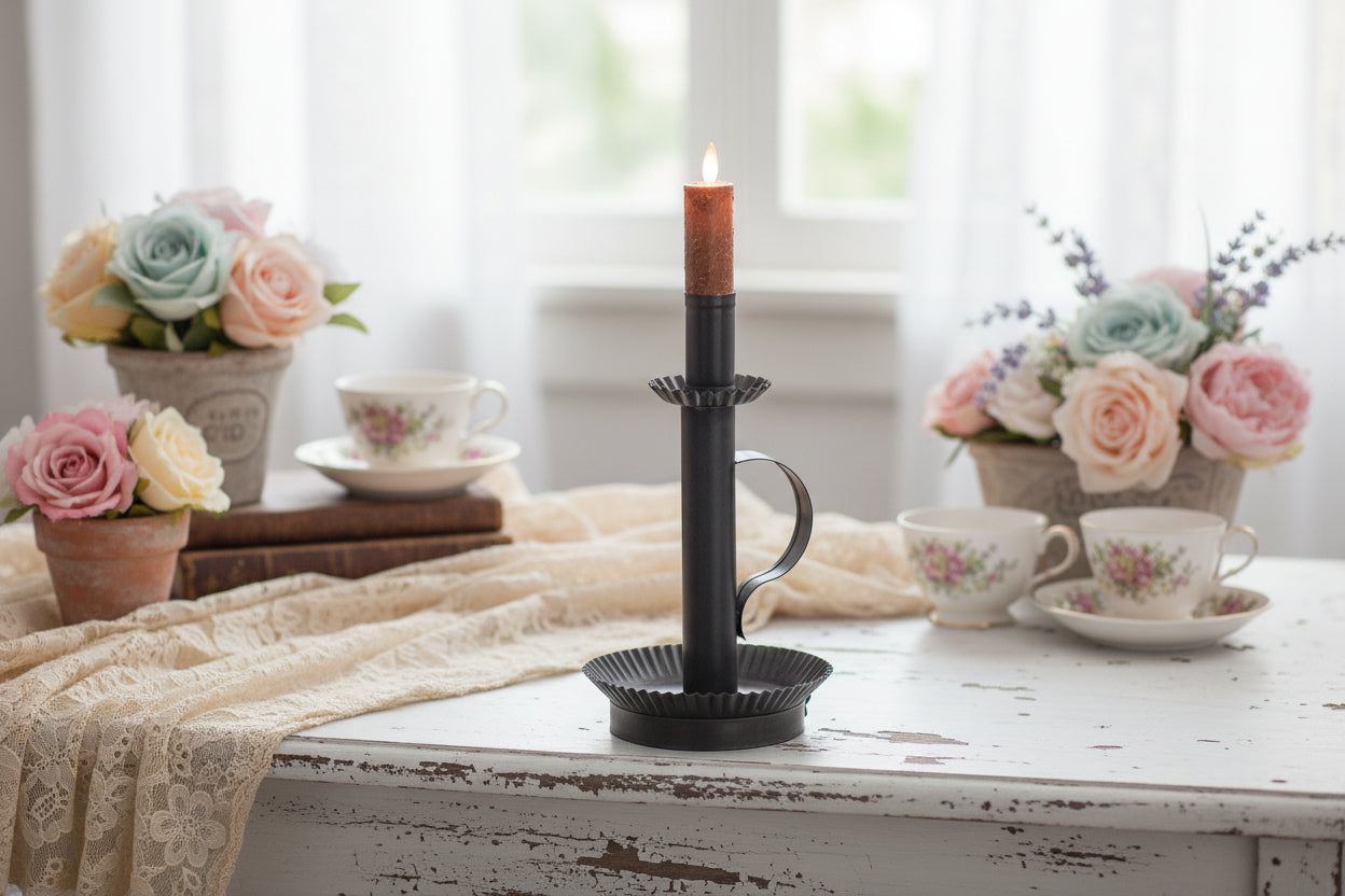 Primitive Colonial Electric Tall Candlestick Light in Kettle Black - The Primitive Pineapple Collection