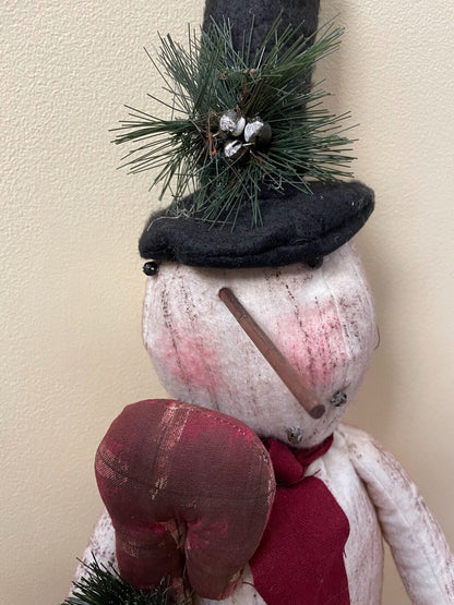 Primitive Christmas 23" Stump Snowman Doll w/ Candy Cane and Greens - The Primitive Pineapple Collection