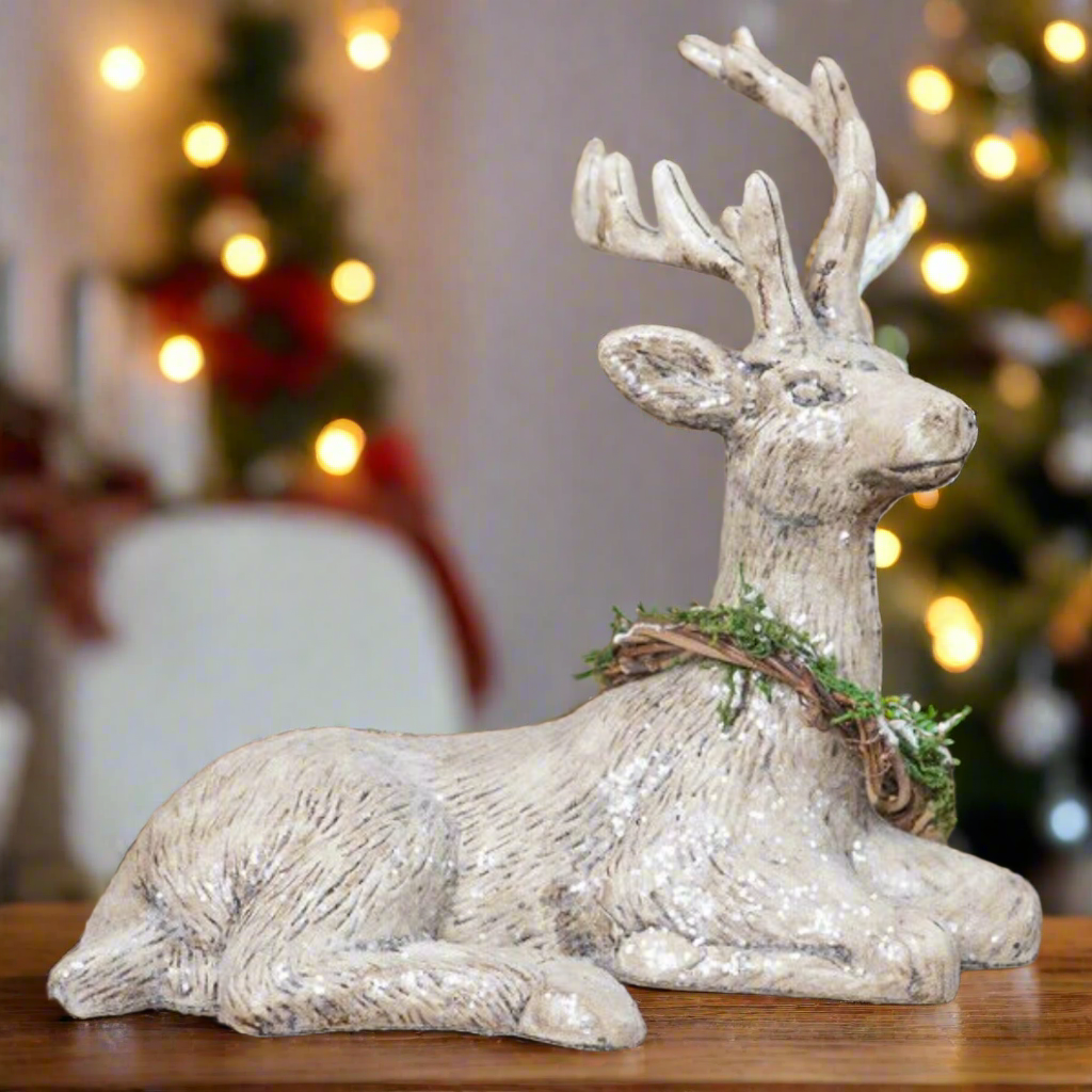 Ragon House Christmas Resting Reindeer w/ Wreath 6.5" Figurine - The Primitive Pineapple Collection