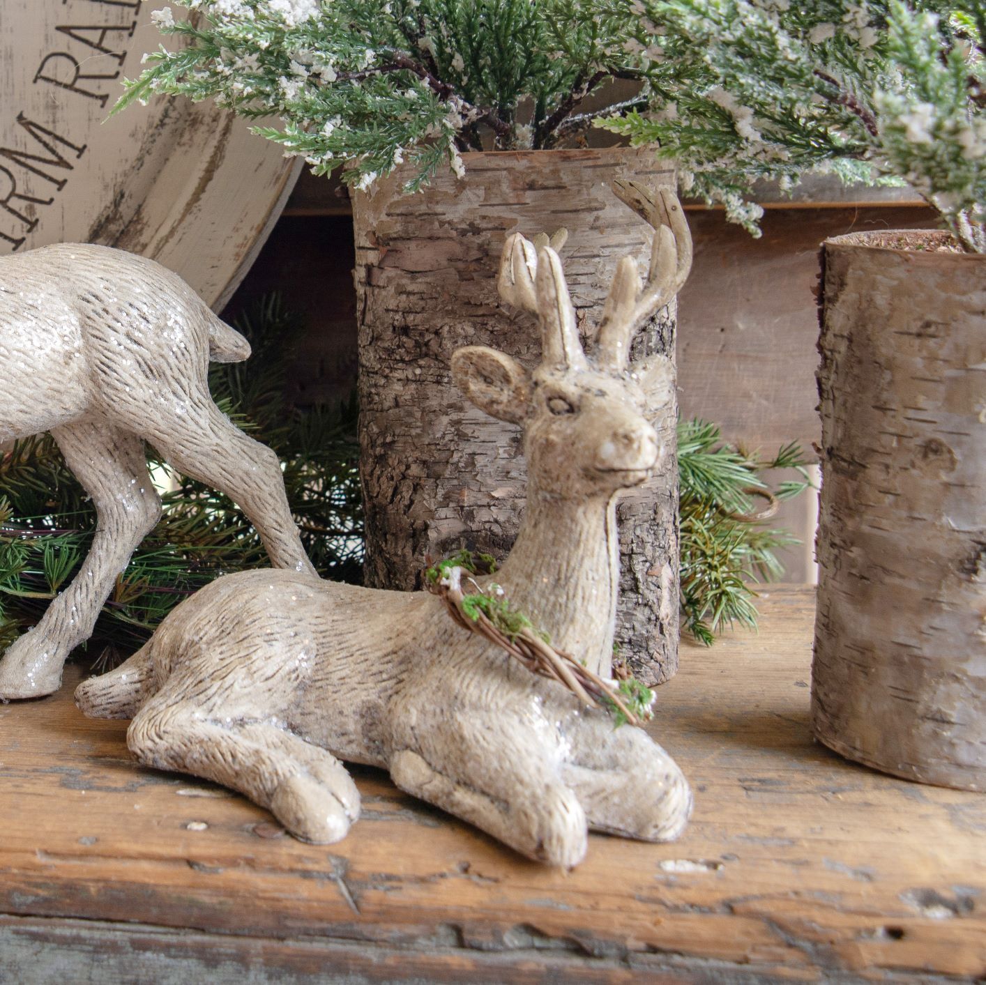 Ragon House Christmas Resting Reindeer w/ Wreath 6.5" Figurine - The Primitive Pineapple Collection