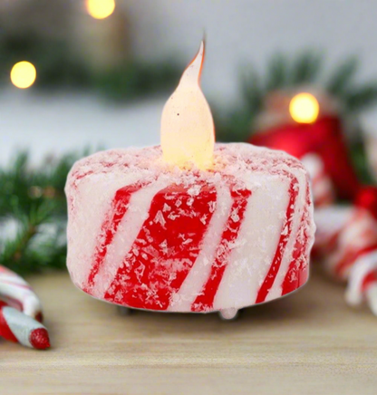 Christmas Peppermint Stripe Glitter Candy Cane Tea Light w/ Timer - The Primitive Pineapple Collection