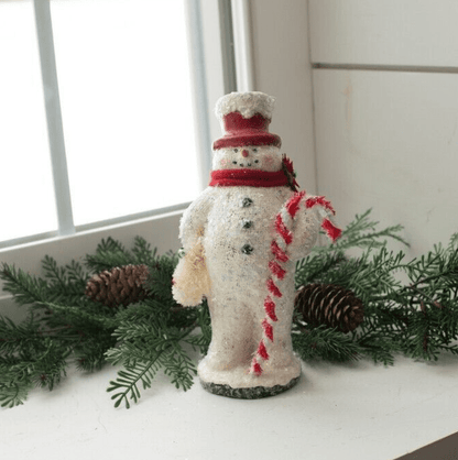 Primitive Ragon House Christmas 8.25" Vintage Look Snowman w/ Candy Cane/ Poinsettia - The Primitive Pineapple Collection