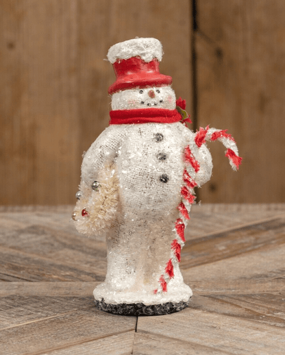 Primitive Ragon House Christmas 8.25" Vintage Look Snowman w/ Candy Cane/ Poinsettia - The Primitive Pineapple Collection