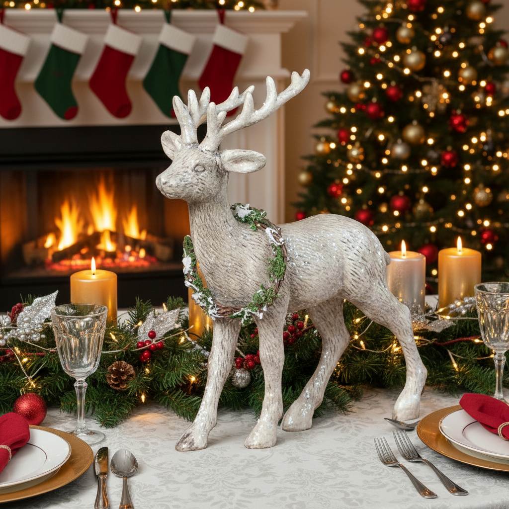Ragon House Christmas Vintage Look 13" Standing Reindeer with Wreath Figurine - The Primitive Pineapple Collection