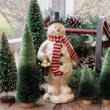 Ragon House Primitive Retro Snowman Figurine – 9" Mache with Top Hat, Scarf &amp;amp; Snowball Bucket - The Primitive Pineapple Collection