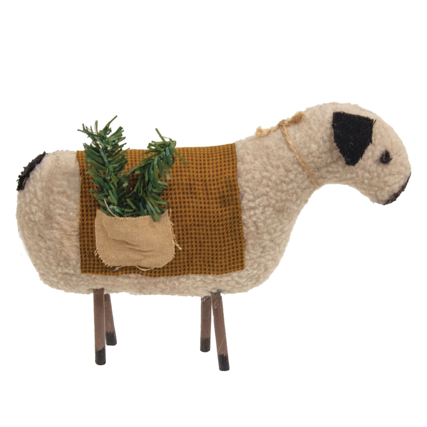 Primitive Farmhouse Christmas Fabric Sheep With Greens 5&quot; Shelf Sitter - The Primitive Pineapple Collection