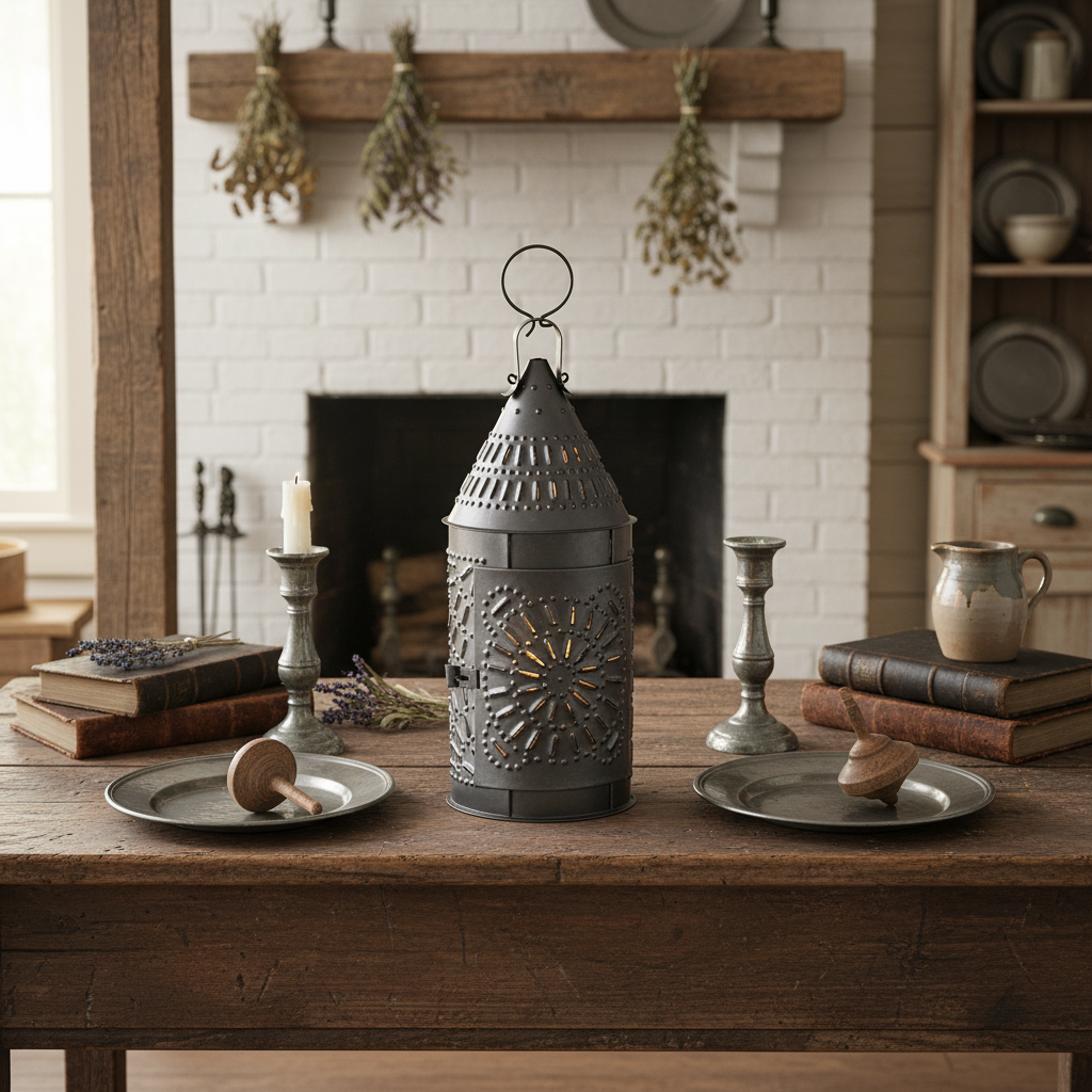 Primitive Punched Tin 15-Inch Candle Lantern Smokey Black - The Primitive Pineapple Collection