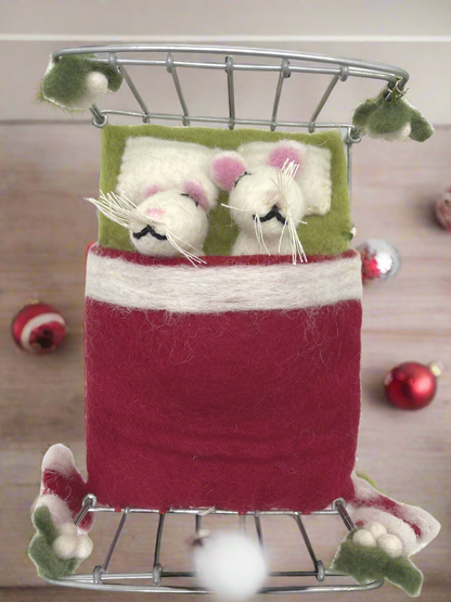 Primitive Farmhouse Christmas Felted Mice in Bed waiting on Santa Handcrafted - The Primitive Pineapple Collection