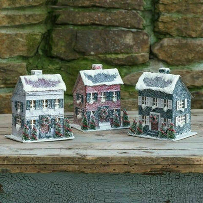 Primitive/Colonial Reproduction 8" Light up Putz Red Snowy House - The Primitive Pineapple Collection