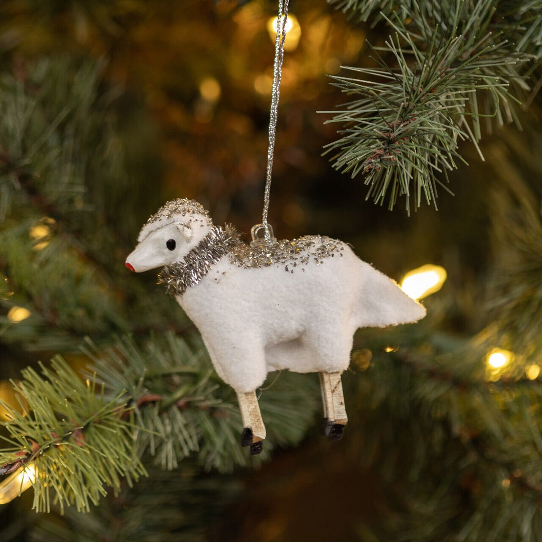 Ragon House Primitive Sheep Christmas Ornament – 3.5" with Tinsel Collar - The Primitive Pineapple Collection