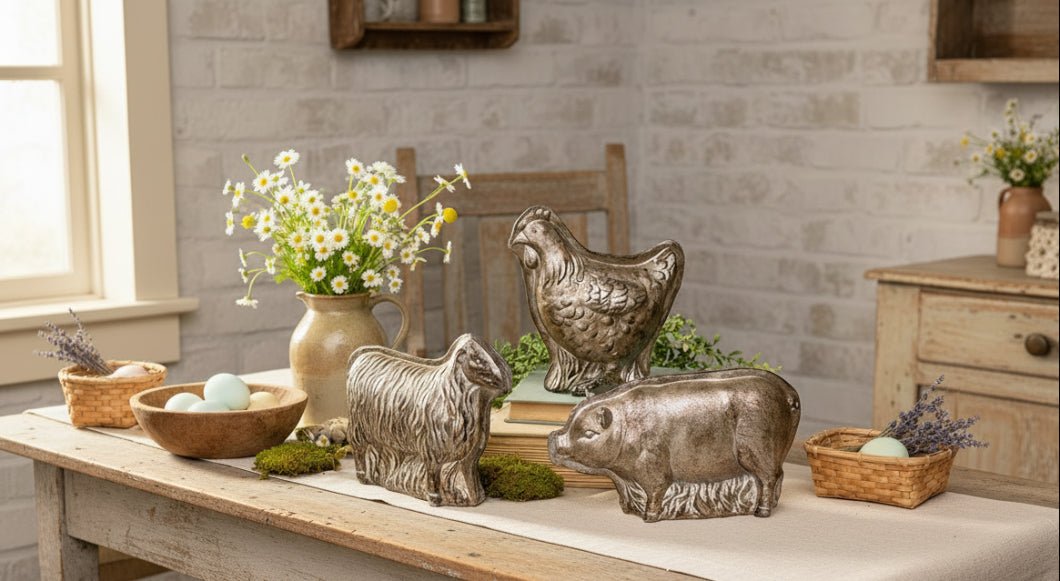 Primitive Spring Easter Faux Silver Pig Chocolate Mold 4.75" H - The Primitive Pineapple Collection