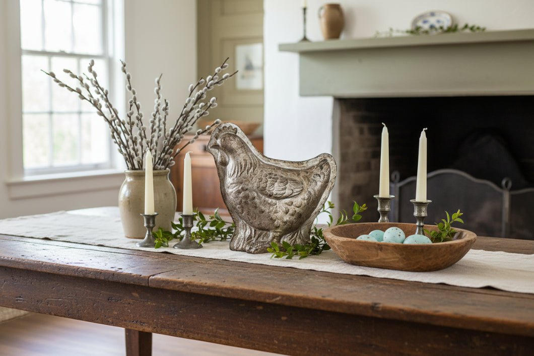 Primitive Spring Easter Faux Silver Chicken Chocolate Mold Sitter 6.5" - The Primitive Pineapple Collection