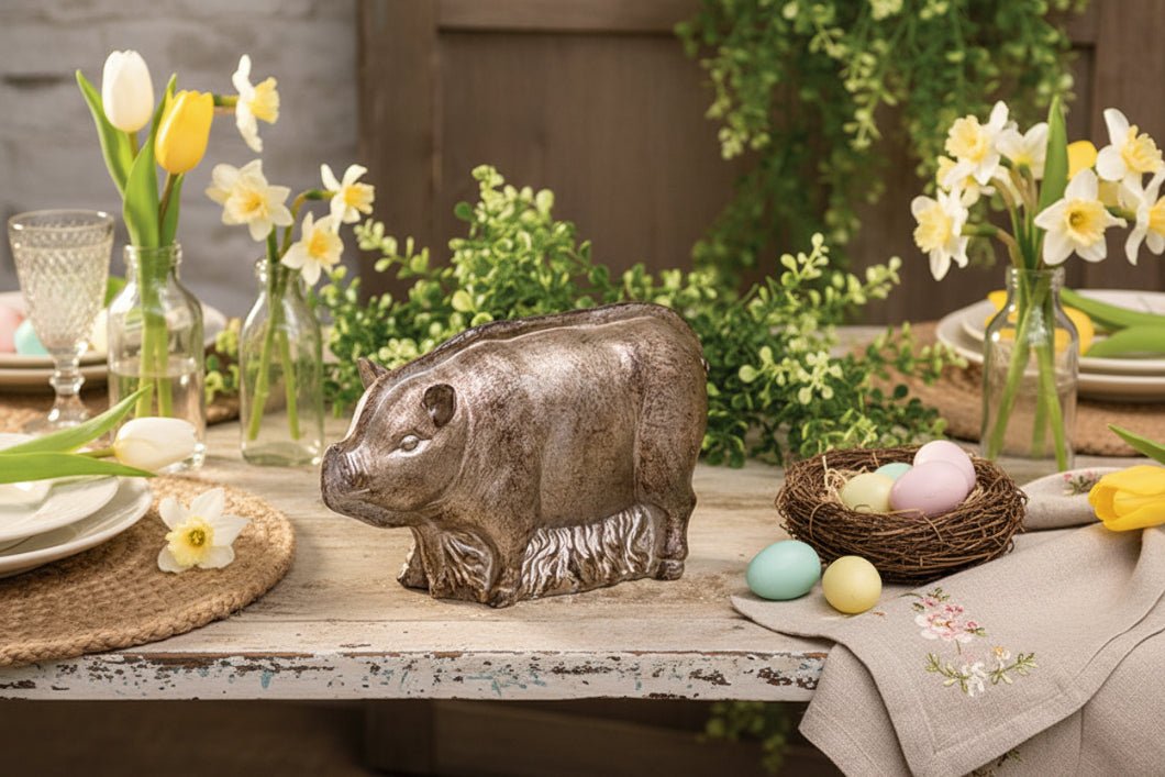 Primitive Spring Easter Faux Silver Pig Chocolate Mold 4.75" H - The Primitive Pineapple Collection