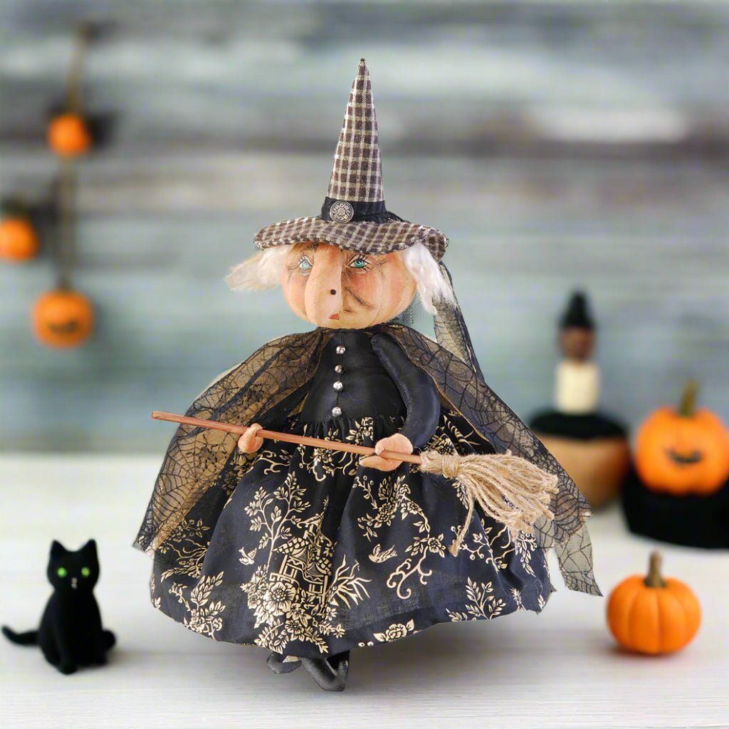 Halloween Fall Folk Art Joe Spencer Naomi Witch Gathered Traditions Art Doll 23&quot; - The Primitive Pineapple Collection