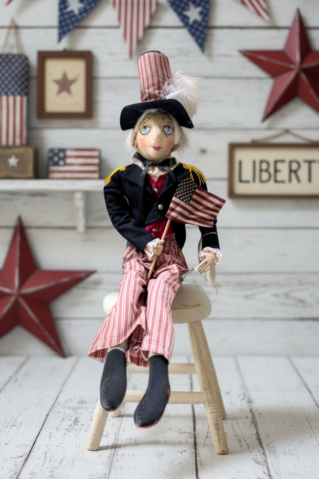 Joe Spencer Americana Sam 32" Folk Art Doll - One of a Kind Patriotic Decor - The Primitive Pineapple Collection
