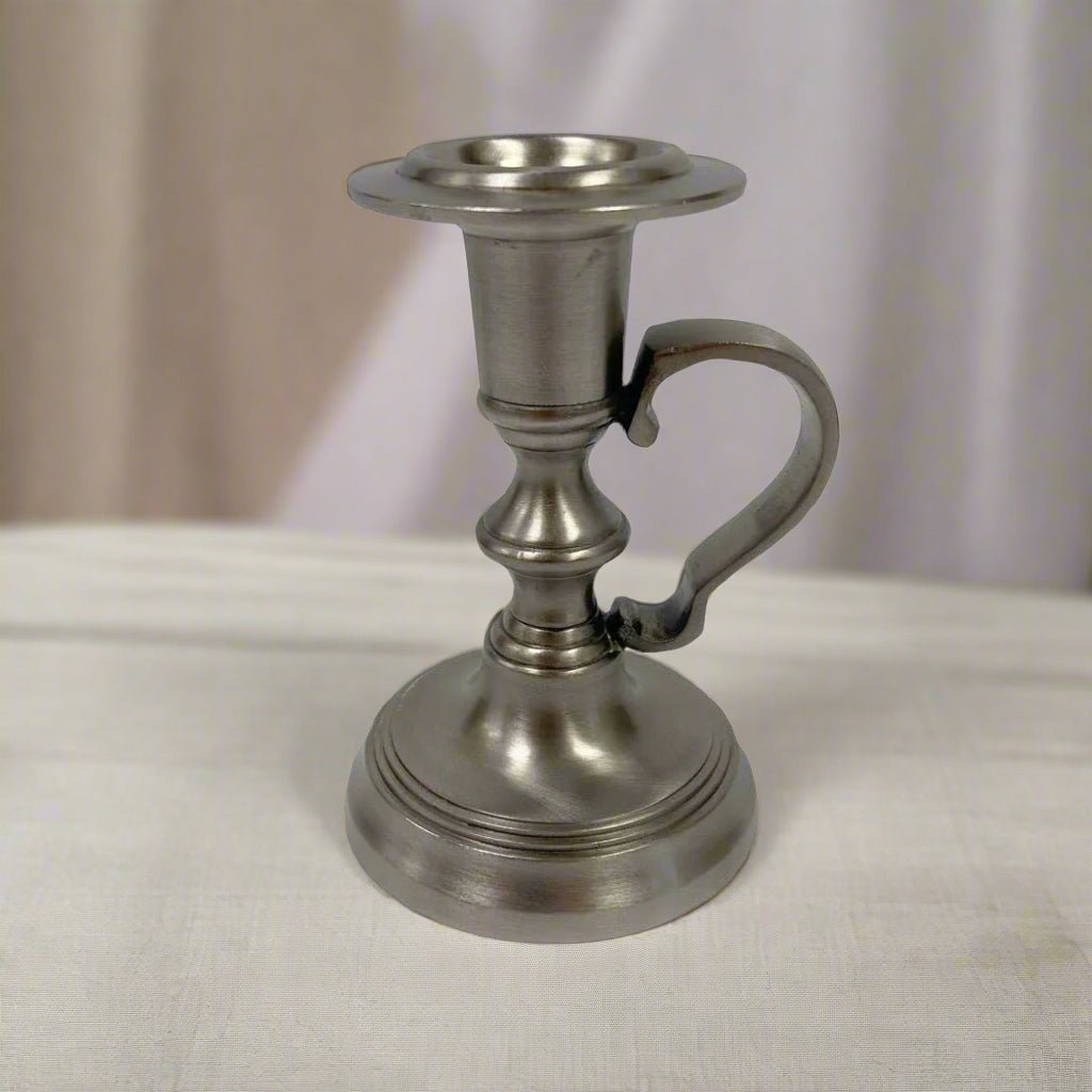 Primitive Reproduction 4 - 1/2&quot; Pewter - Plated Colonial Chamberstick - The Primitive Pineapple Collection
