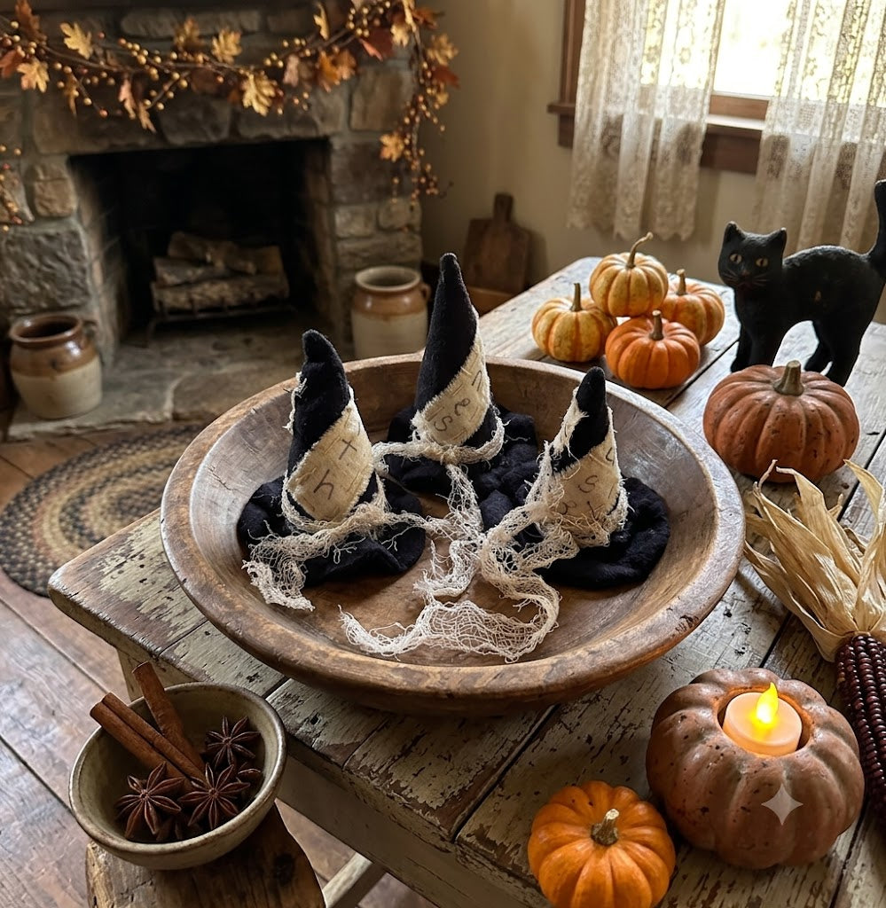 Fall Halloween Handcrafted 3 pc 4"Cinnamon Dusted Witch Hats Bowl Filler