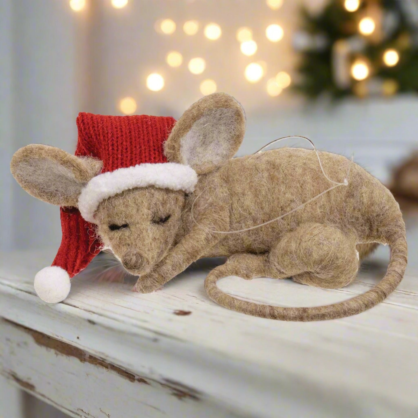 Primitive Felt Christmas Sleeping Mouse Felted Ornament