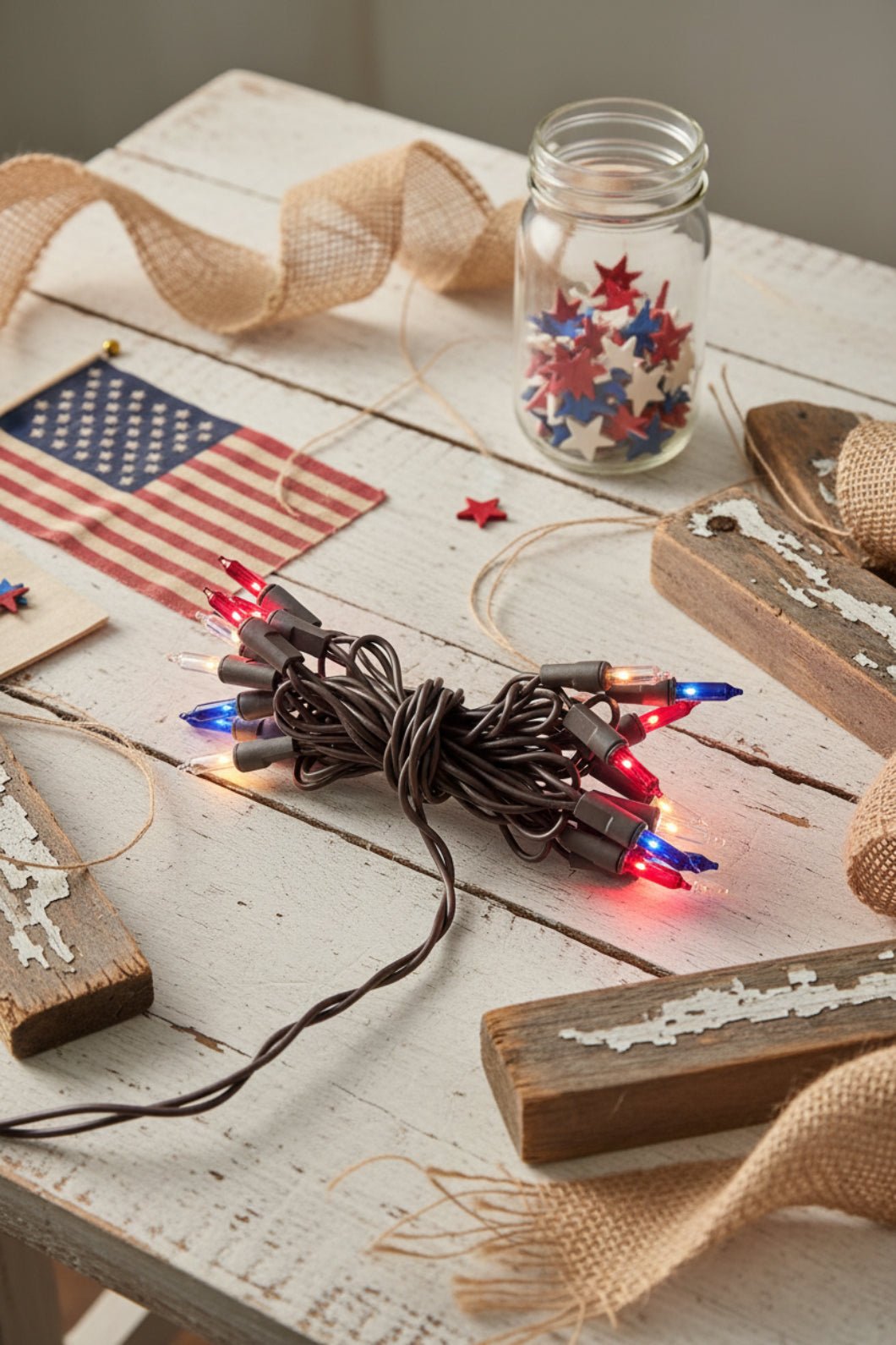Patriotic Red, White, &amp; Blue String Lights - 20 ct. Brown Wire for Primitive &amp; Americana Decor - The Primitive Pineapple Collection