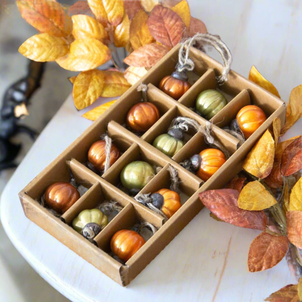 Primitive Halloween 1&quot; Mercury Pumpkin Glass Ornaments 12pc Set - The Primitive Pineapple Collection