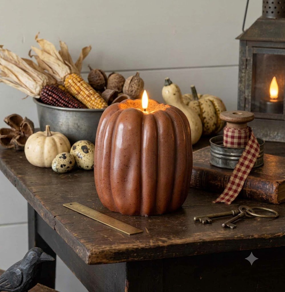Ragon House Fall Halloween 6.5" Bronze 3D Flame Pumpkin Candle w/ Timer - The Primitive Pineapple Collection