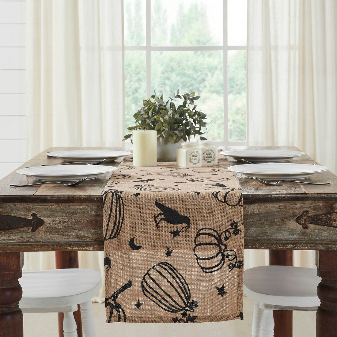 Primitive Fall Halloween Raven Harvest Burlap Jute Runner 12&quot;x60&quot; - The Primitive Pineapple Collection