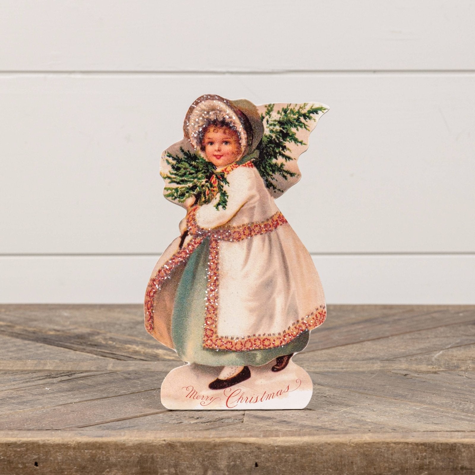 Ragon House Vintage/Retro 10&quot; Merry Christmas Girl w/ Tree Dummy Board - The Primitive Pineapple Collection