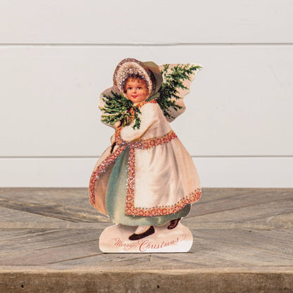 Ragon House Vintage/Retro 10&quot; Merry Christmas Girl w/ Tree Dummy Board - The Primitive Pineapple Collection