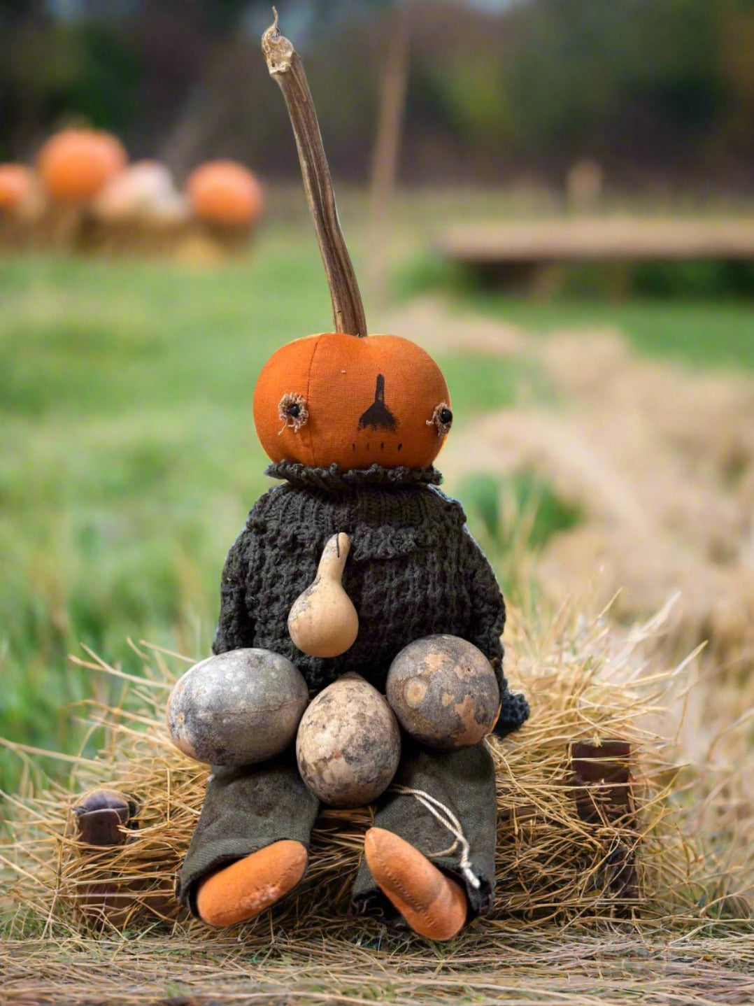 Primitive Handcrafted Pumpkin Doll Sammy w/ Gourd 12&quot;