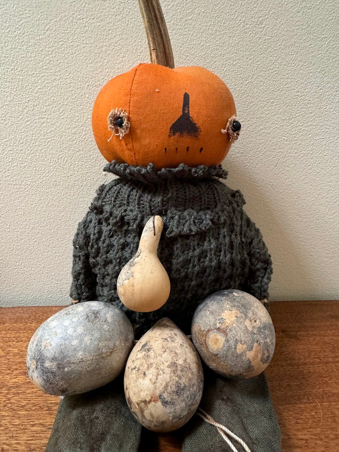 Primitive Handcrafted Pumpkin Doll Sammy w/ Gourd 12&quot;