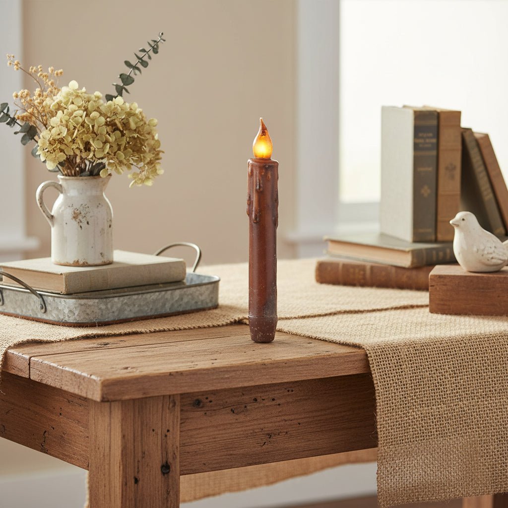 Primitive/Country Brown 7" Battery Operated Flameless Taper Candle W/ Timer - The Primitive Pineapple Collection