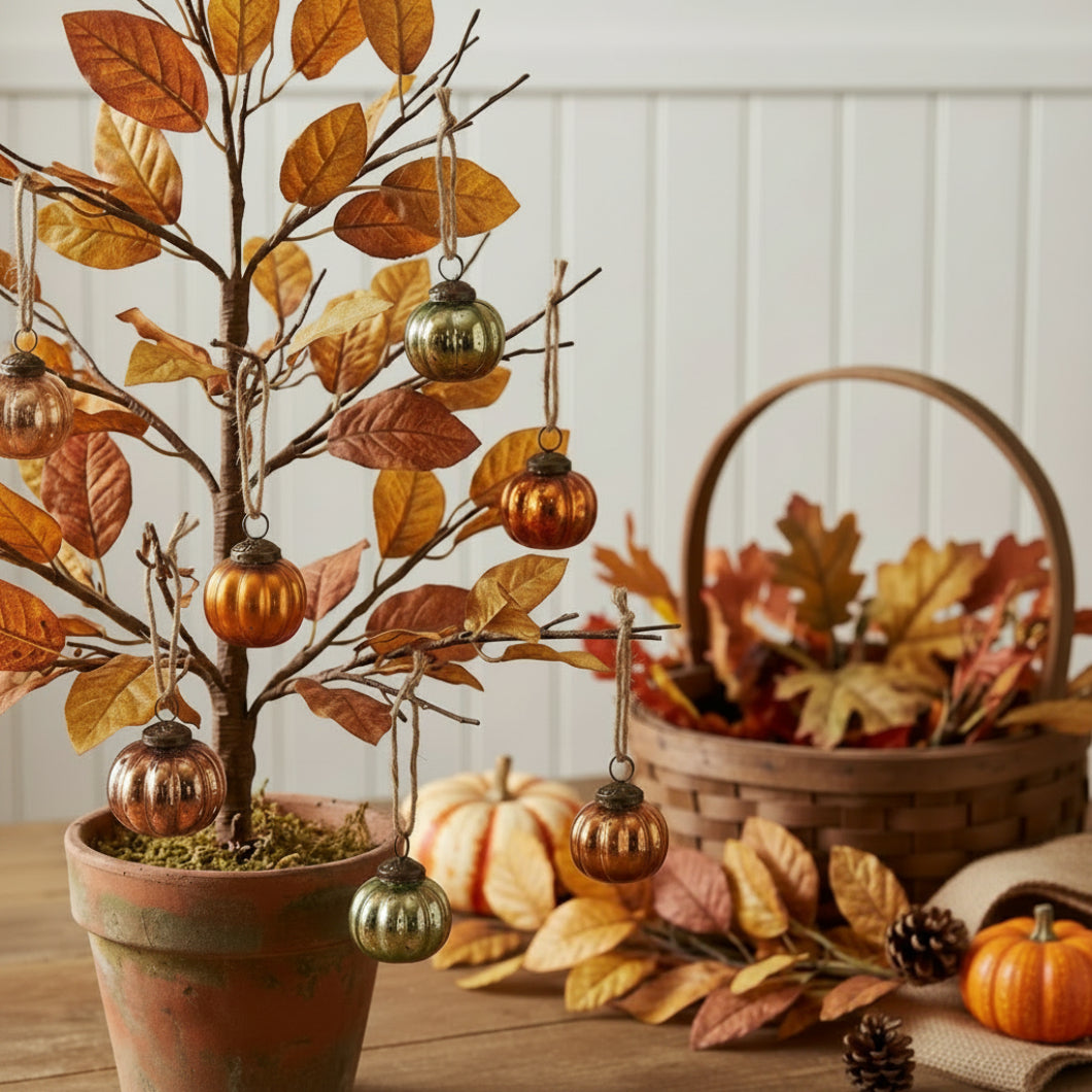 Primitive Halloween 1" Mercury Pumpkin Glass Ornaments 12pc Set
